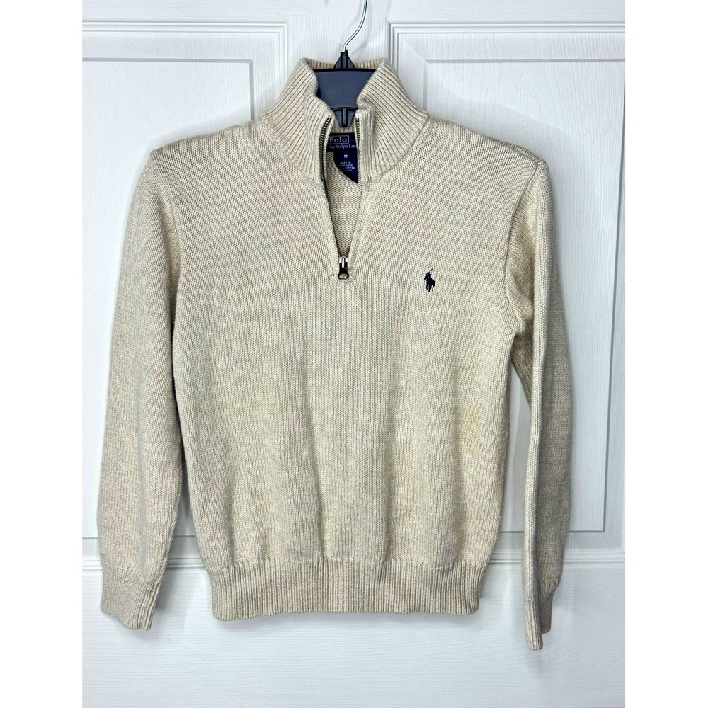 Polo Ralph Lauren Boys Tan Oatmeal Cotton Knit 1/4 Zip Mock Neck Sweater M